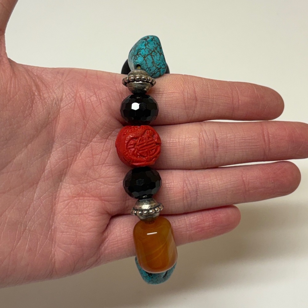 Multicolor Beaded Stretch Bracelet Cinnabar Cloisonne Turquoise Style Boho